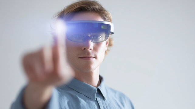 Young man wearing smart glasses interacts with virtual interface, futuristic augmented reality technology, innovation, focus, and curiosity