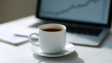 White coffee cup on saucer with black coffee on office desk, blurred laptop with financial graph in background, morning work mood