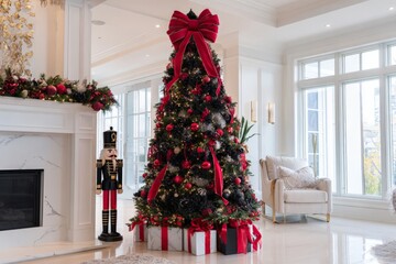 Elegant christmas tree decor with nutcracker and gifts in bright living room