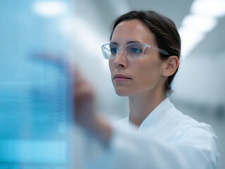 Scientist analyzing digital data on transparent screen in modern laboratory, focused and innovative atmosphere