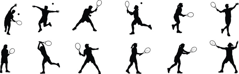 Silhouettes of male and female tennis players in various action poses, hitting ball, playing sport, using rackets, isolated on white