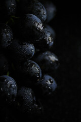 Fresh black grapes close up, organic fruit, healthy food