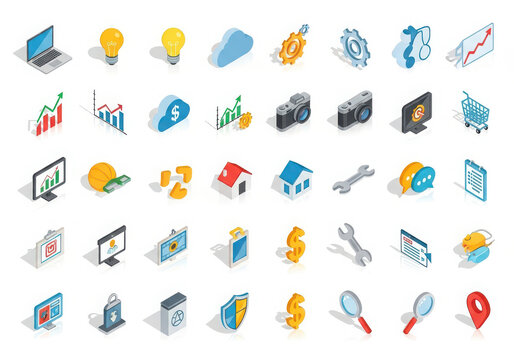 Collection of isometric technology and business icons on white background