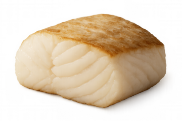 Cooked whitefish fillet with a slightly browned top, representing a healthy protein-rich seafood dinner, on transparent background