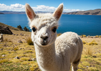 Obraz premium Close up shot of a cute fluffy white alpaca at Lake Titicaca in Bolivia, South America.