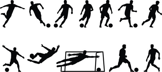 Silhouettes of male soccer players dribbling, kicking, goalkeeping, running, jumping, sliding, scoring, football action, sports movements, isolated on white background