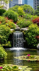 Obraz premium Urban Park Waterfall Lush Greenery.