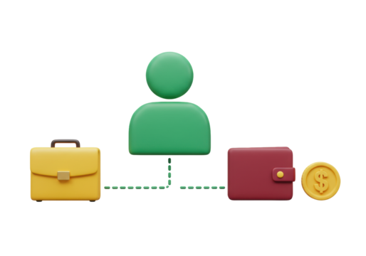 Isolated financial management scheme showing briefcase, person, wallet and money coin - Powered by Adobe