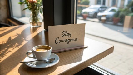 Inspirational Coffee Moment at a Cozy Café with a Motivational Sign Encouraging Courage and Optimism Amidst Daily Life