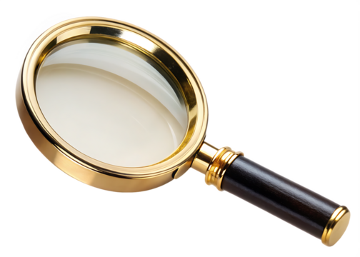 Detailed close up of gold framed magnifying glass isolated on a transparent background
