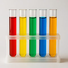 A set of test tubes with colorful liquids on plain background