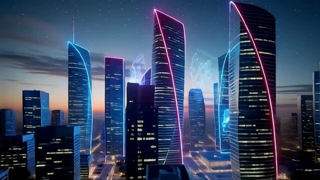 Dynamic futuristic cityscape at night with glowing skyscrapers and starry sky, evoking innovation and urban progress. - Powered by Adobe
