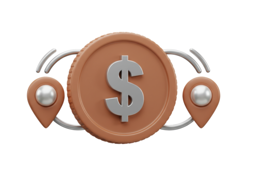 Isolated coin with a dollar symbol surrounded by location pins indicates financial services