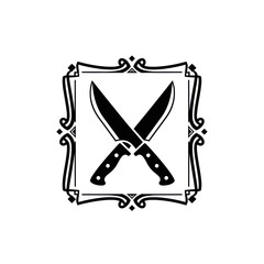 Vintage-style logo of crossed chef's knives in a decorative frame.