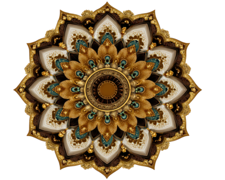 Golden mandala intricate floral pattern ornate decorative art symmetrical design detailed ethnic motif elegant bohemian style luxurious spiritual harmonious peaceful