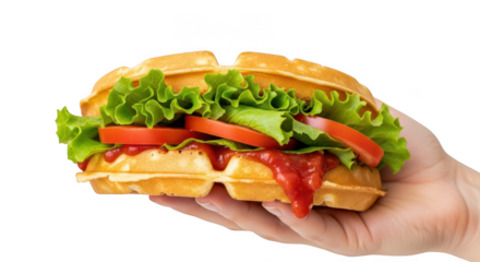 Hand holding a waffle sandwich with lettuce and tomato isolated on transparent background