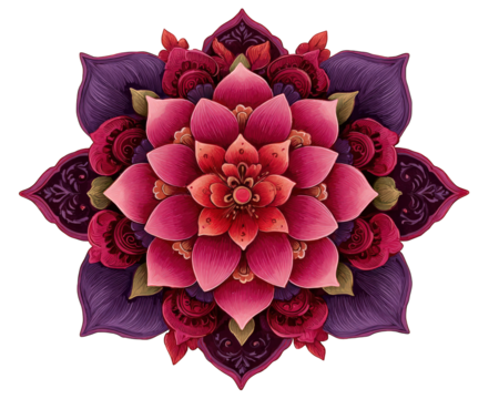 Mandala design floral pattern pink and purple petals symmetrical art decorative flower intricate detail hand drawn spiritual symbol vibrant color peaceful mood. beautiful mandala with pink