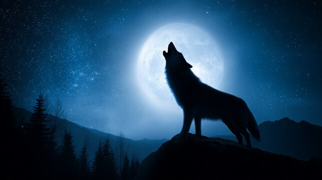 howling. A wolf howling under a starry night sky, embodying wild and dramatic nature. wildlife magazines, conservation campaigns, designed for wildlife conservation campaigns.
