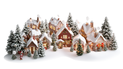 Snowy Christmas Village Scene isolated on a transparent background