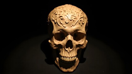 Obraz premium Intricate skull sculpture showcasing elegant designs made of clay in a dimly lit gallery