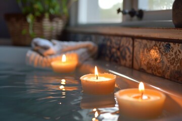 Three lit candles floating on water in a spa bathtub creating a relaxing ambiance