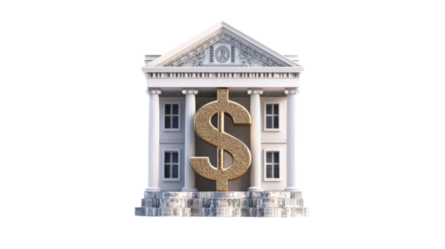 White Bank Building with Gold Dollar Sign isolated on a transparent background - Powered by Adobe