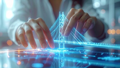 A woman interacts with a three-dimensional illuminated digital bridge model, representing the concepts of innovation, technology, engineering, and future planning. This image demonstrates the integran