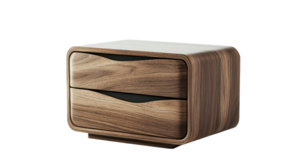 Wooden bedside table with curved drawers isolated on a transparent background