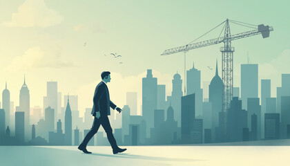 Businessman walking in a city with skyscrapers and crane