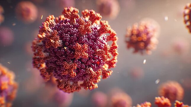 Ultra-realistic rendering of single virus particle in fluid suspension, showing RNA core and spike proteins with cinematic depth of field, best for scientific visualization and medical design concepts