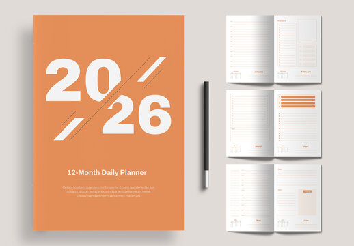 2026 Modern 12-Month Daily Planner with Organizer Layout