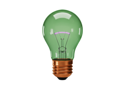 Isolated green incandescent light bulb with copper base for antique lighting fixture