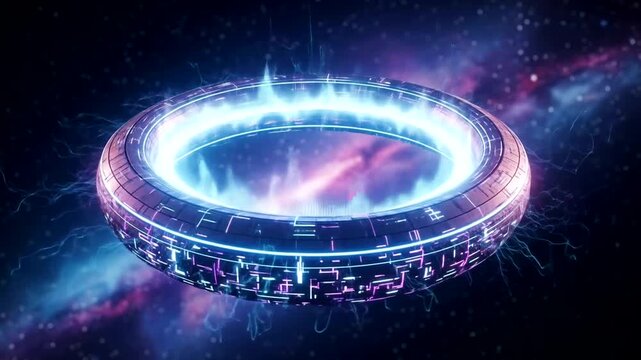 Futuristic portal device floating in deep space, a gateway to interdimensional travel concept,