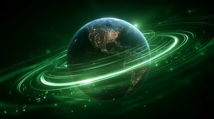 Green Glowing Earth with Circles Representing Global Connectivity