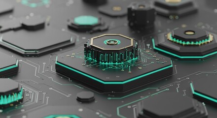 Futuristic Hexagonal Circuit Board with Glowing Green Lights