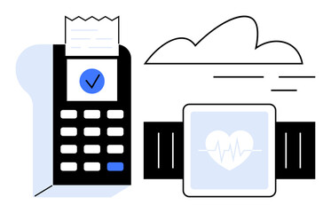 Smartwatch with heart rate screen beside payment terminal with receipt and checkmark. Ideal for digital payment, healthcare technology, innovation, wearables, fintech, e-commerce, simple flat
