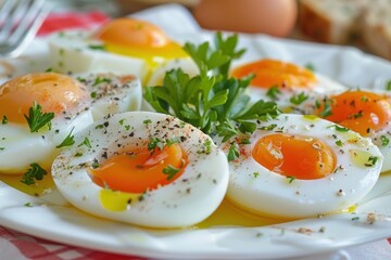 Soft boiled eggs seasoned with spices and parsley create a nutritious and appetizing dish