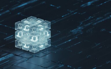 A glowing cube made of smaller transparent cubes with binary code inside, placed on a dark, futuristic circuit board background, representing digital data and technology