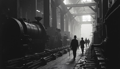 Industrial interior with machinery and men