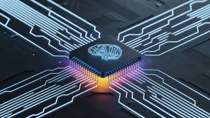 Closeup of a central processing unit cpu chip with a glowing brain icon, symbolizing artificial intelligence and advanced computing