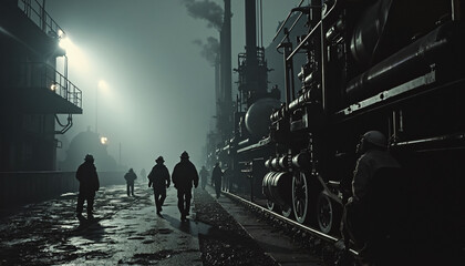 Industrial Workers and Train in Fog