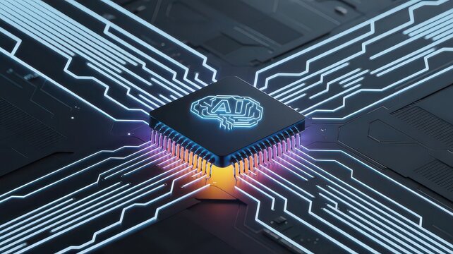 Closeup of a central processing unit cpu chip with a glowing brain icon, symbolizing artificial intelligence and advanced computing