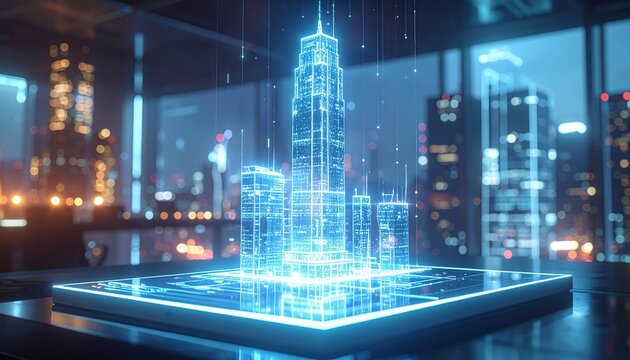 featuring a 3D hologram model of a modern skyscraper amidst a sophisticated urban environment. Neon blue light radiates from the building structure, creating a high-tech atmosphere