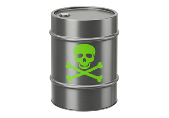 Isolated barrel showing green radioactive hazard symbol on gray industrial metal container