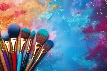 Fototapeta premium Set of colorful makeup brushes lying on an abstract colorful background with copy space