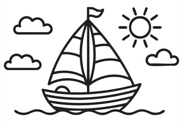 Marine and ocean travel coloring page with sun and clouds for kids learning