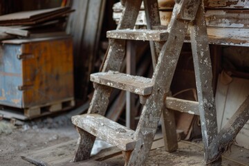 Wooden ladder covered in dust and paint splatters leaning against a wall in an abandoned building, with old furniture and boxes in the background