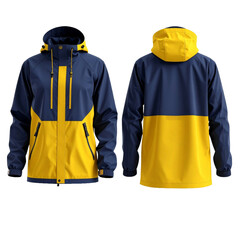 Chaqueta deportiva azul y amarilla vista frontal y posterior sobre fondo transparente PNG