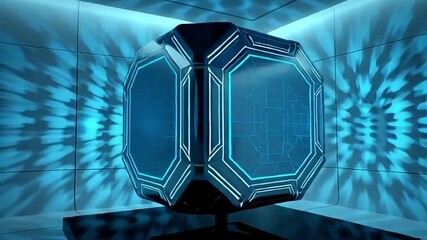 Futuristic holographic cube levitates in a minimalist blue chamber, hinting at advanced technology, digital innovation, and scientific discovery. - Powered by Adobe
