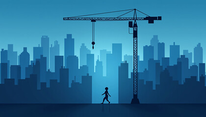 Silhouette Figure, Construction Crane, and Cityscape